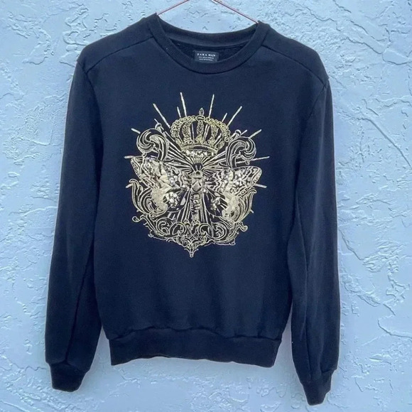Zara Mens Beaded Crown Butterfly Design Pullover Sweater Black Sz Small - Picture 1 of 9